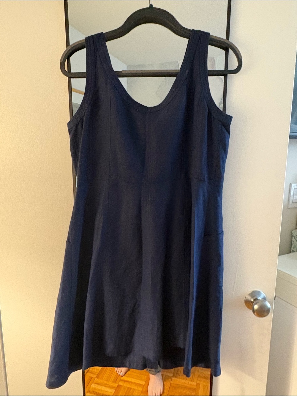 LOFT Navy Linen Blend Button Front A-Line Sleeveless Dress - Picture 4 of 5